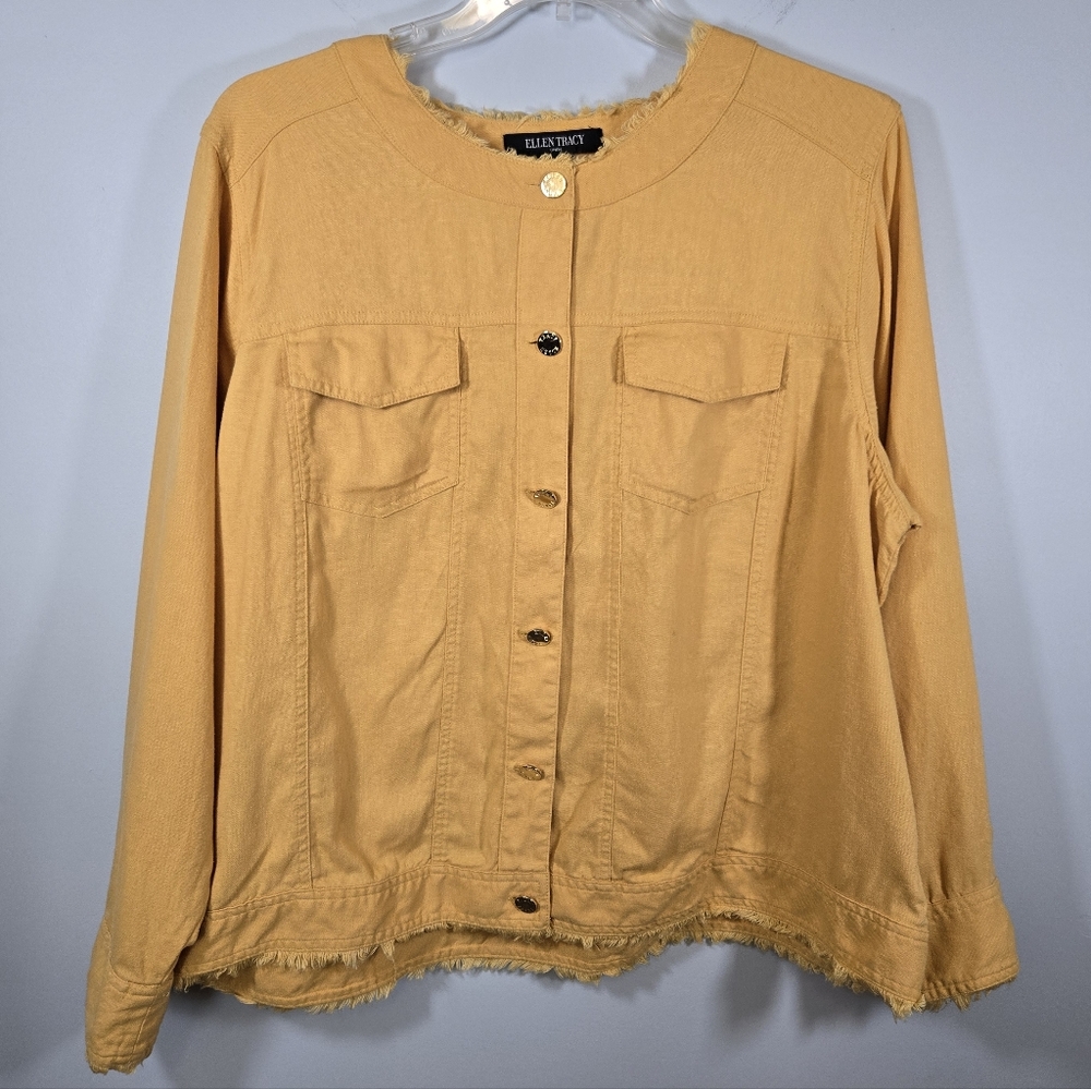 Ellen Tracy Women’s 2X Yellow Gold‎ Linen Blend Jacket Frayed Edge Blazer